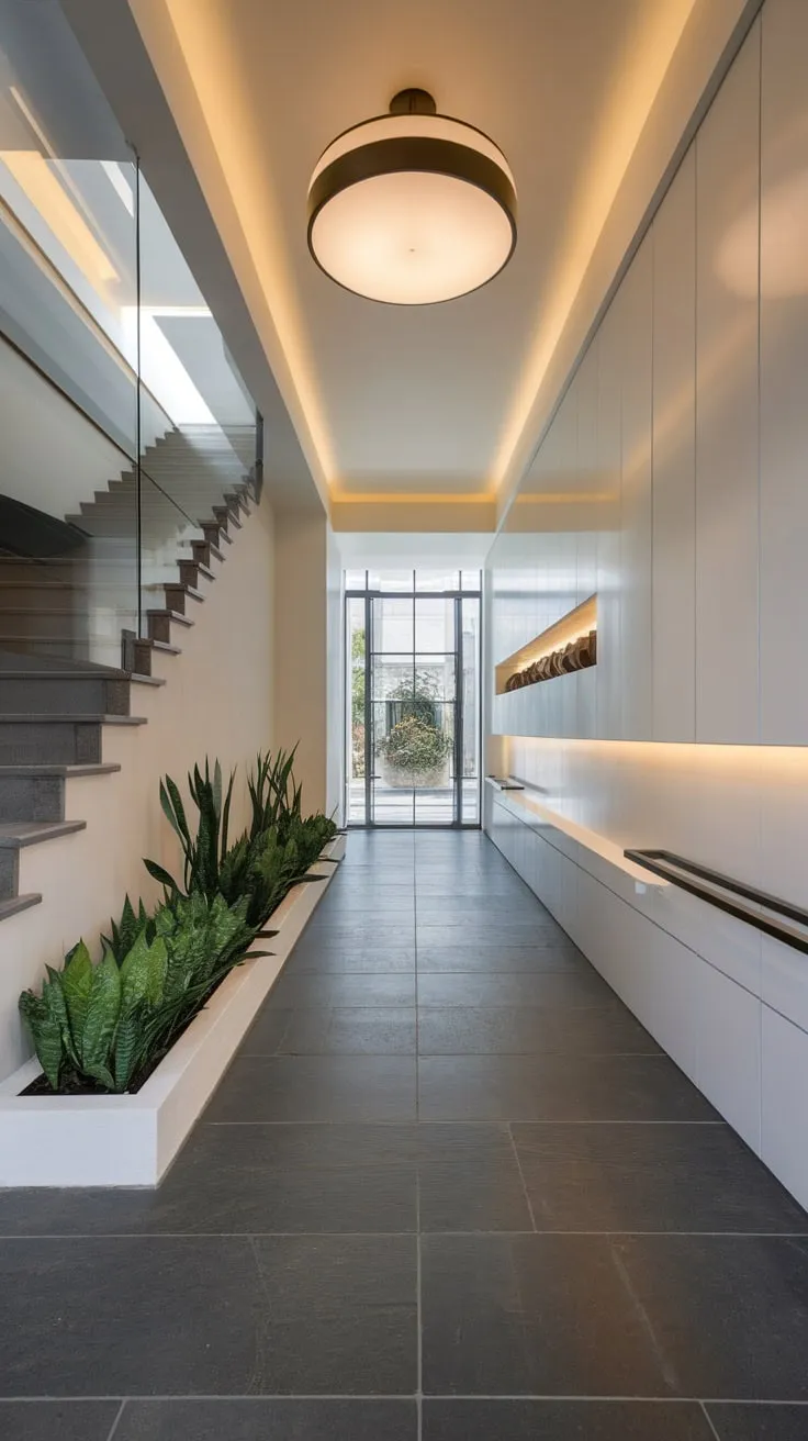 A long, elegant hallway with a black railing, green accents, and a stunning round light fixture creates a sophisticated and welcoming entryway.