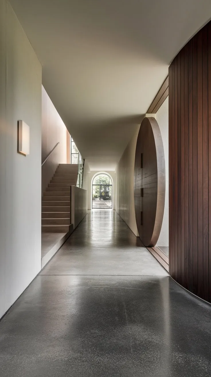 Luxury meets minimalist design in a long, bright hallway featuring a circular wooden door and a contemporary staircase.