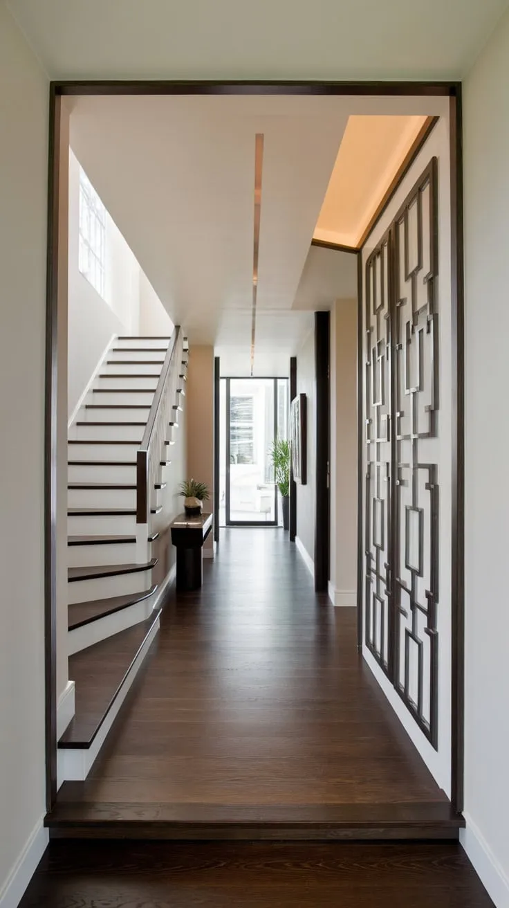 A sleek modern hallway boasts a luxurious entryway, dark wood floors, geometric wall art, and ample space for personal touches.