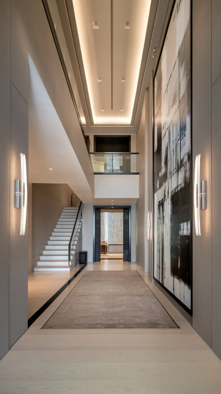 A sleek modern hallway boasts a dramatic abstract painting, high ceilings, and light wood floors accentuating its long, elegant design.