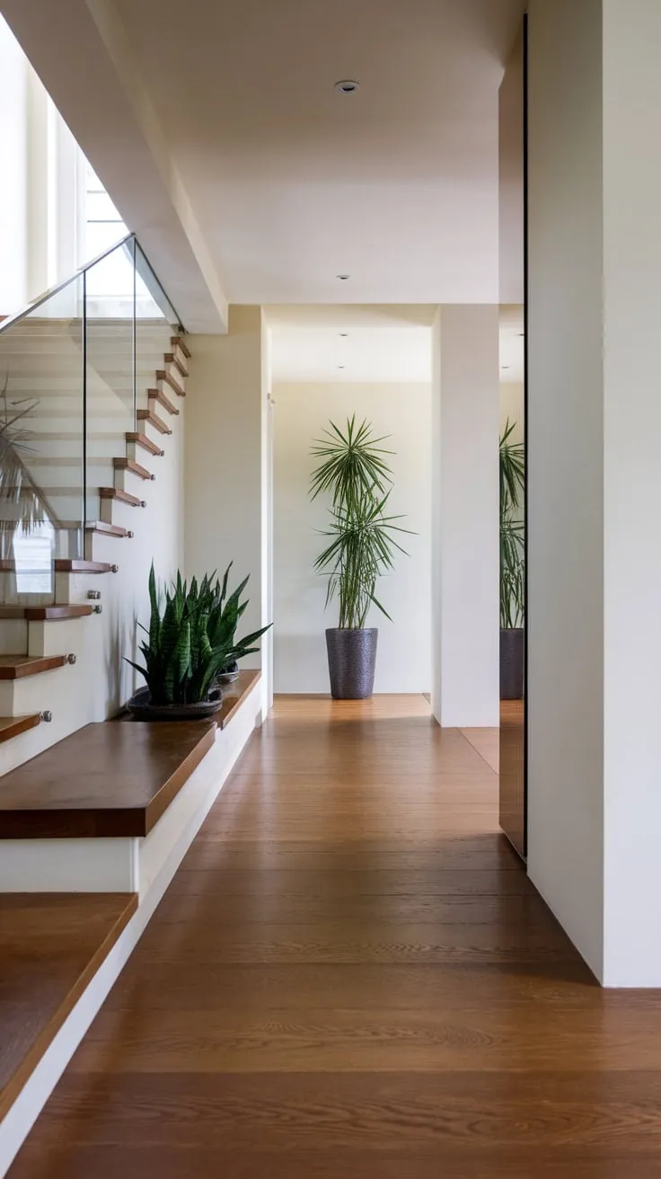 A sleek minimalist hallway boasts a bright white aesthetic, wooden floors, a glass staircase with a built-in bench, and strategically placed greenery.