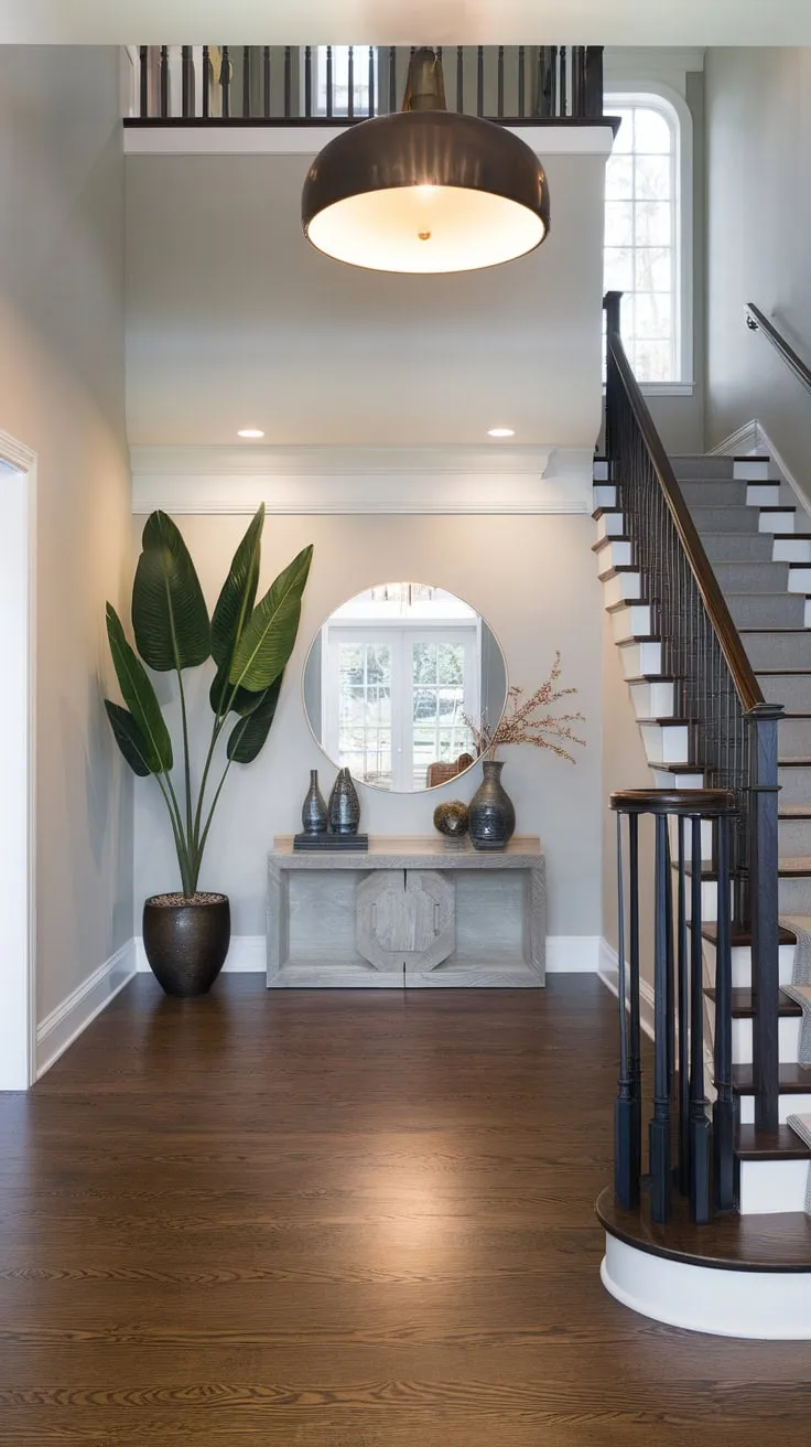 A long, luxurious foyer features a modern entryway with a large plant, a mirrored under-stair wall, and dark wood floors under a dramatic pendant light.