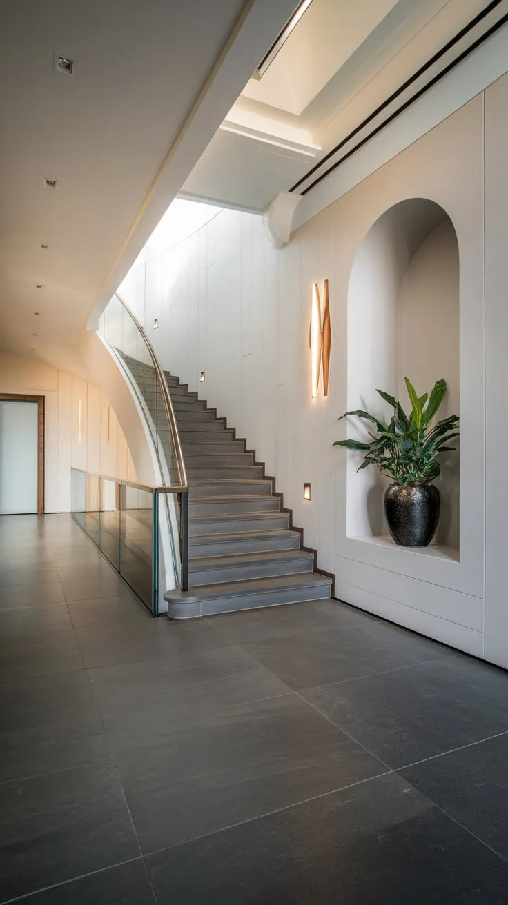 Luxury meets modern minimalism in a stunning hallway featuring a curved glass staircase and sophisticated grey and white palette.