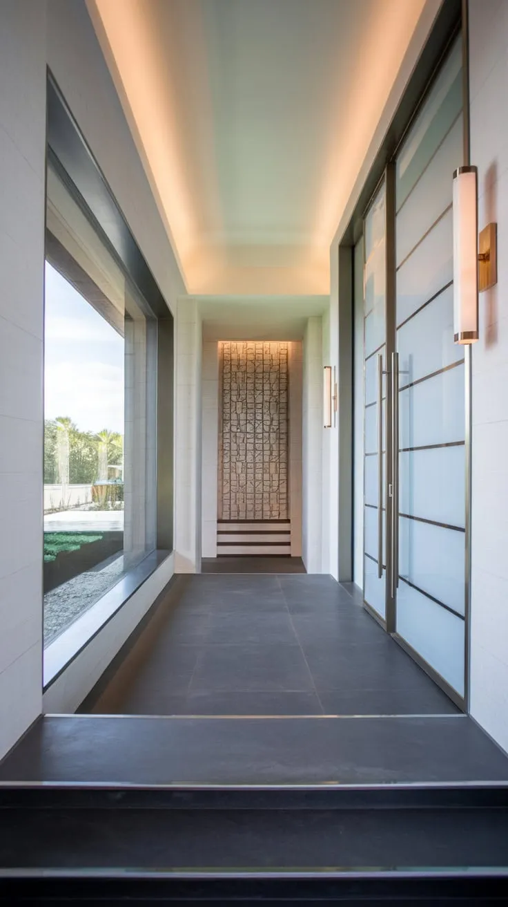 Dark gray floors and white walls create a clean, elegant space highlighted by a frosted glass door and stylish wall decor.