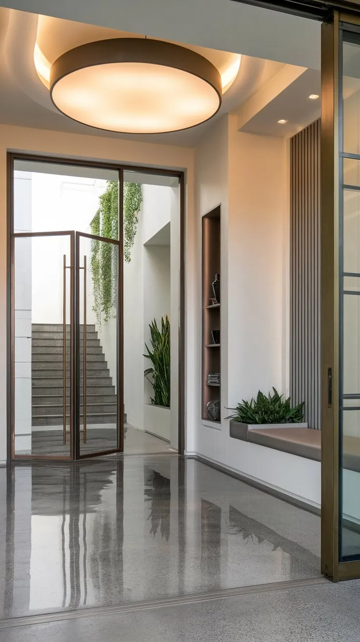 Sleek minimalist design meets luxurious entry in this modern hallway, featuring polished concrete, a glass-bronze door, and subtle yet stylish accents.