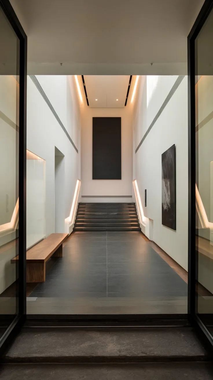 High ceilings and recessed lighting illuminate a sophisticated modern hallway featuring a wooden bench and dark grey tiled floors.