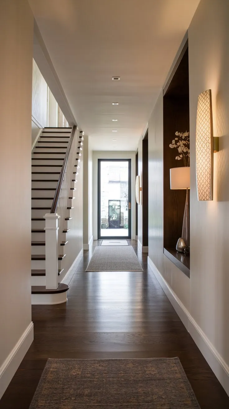 A long white-walled hallway with dark wood floors features a grand staircase and built-in shelving creating a luxurious and modern entryway.
