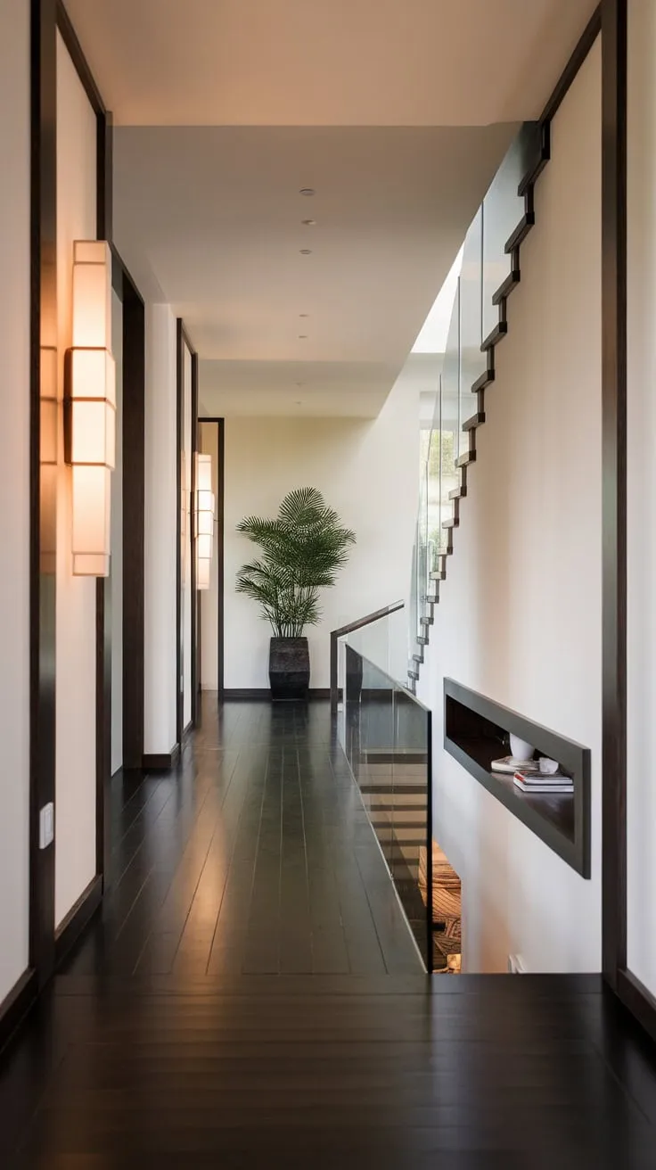 A sleek modern hallway with dark wood floors, white walls, and a glass-railed staircase showcases minimalist luxury.