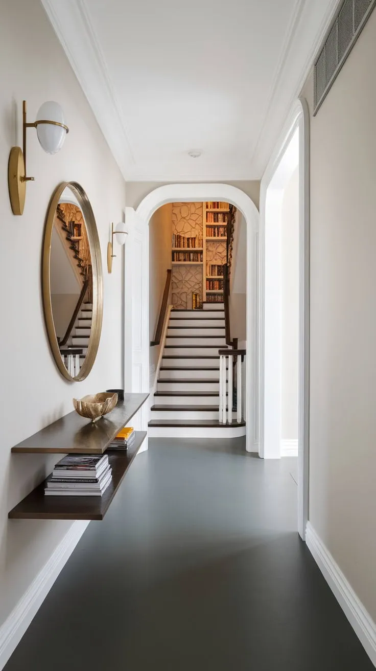 A long white-walled foyer with a round gold mirror and under-stair shelving defines this modern luxury hallway's elegant design.