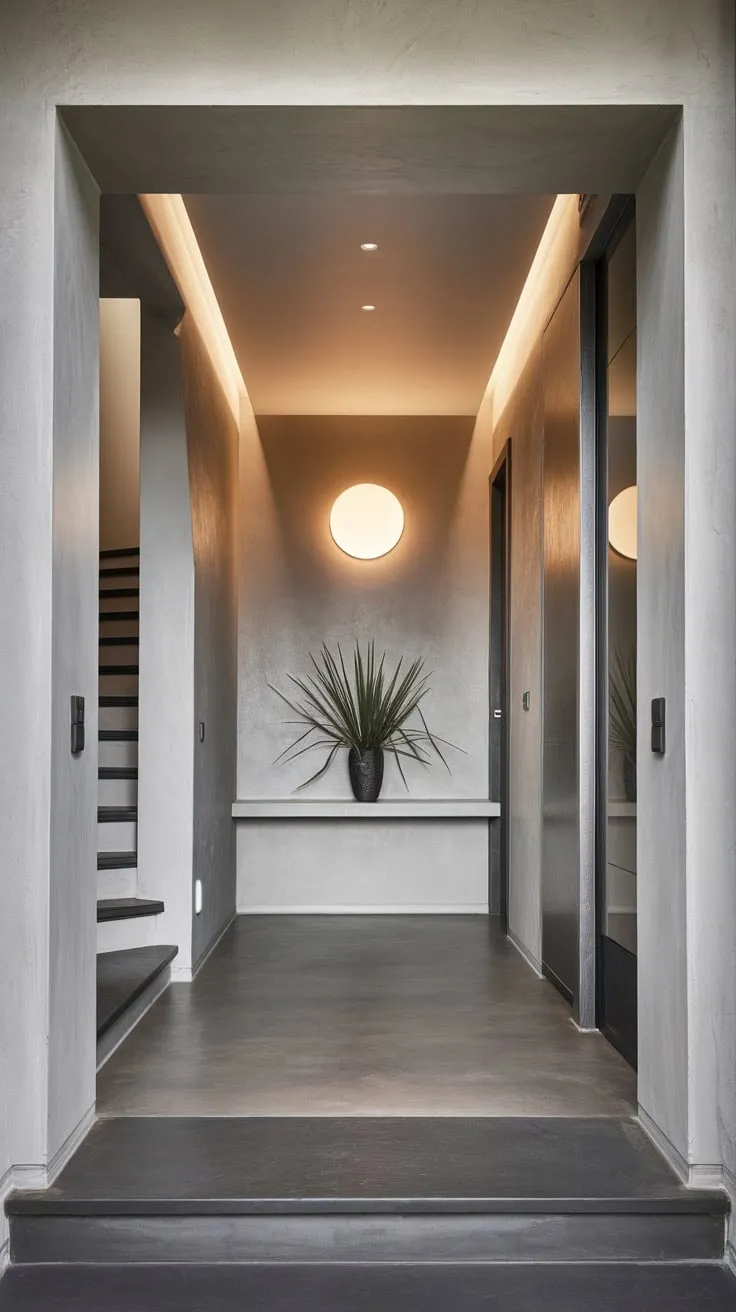 Dark grey floors and a white under-stair shelf complement the textured grey walls and round wall light in this stylish modern hallway.