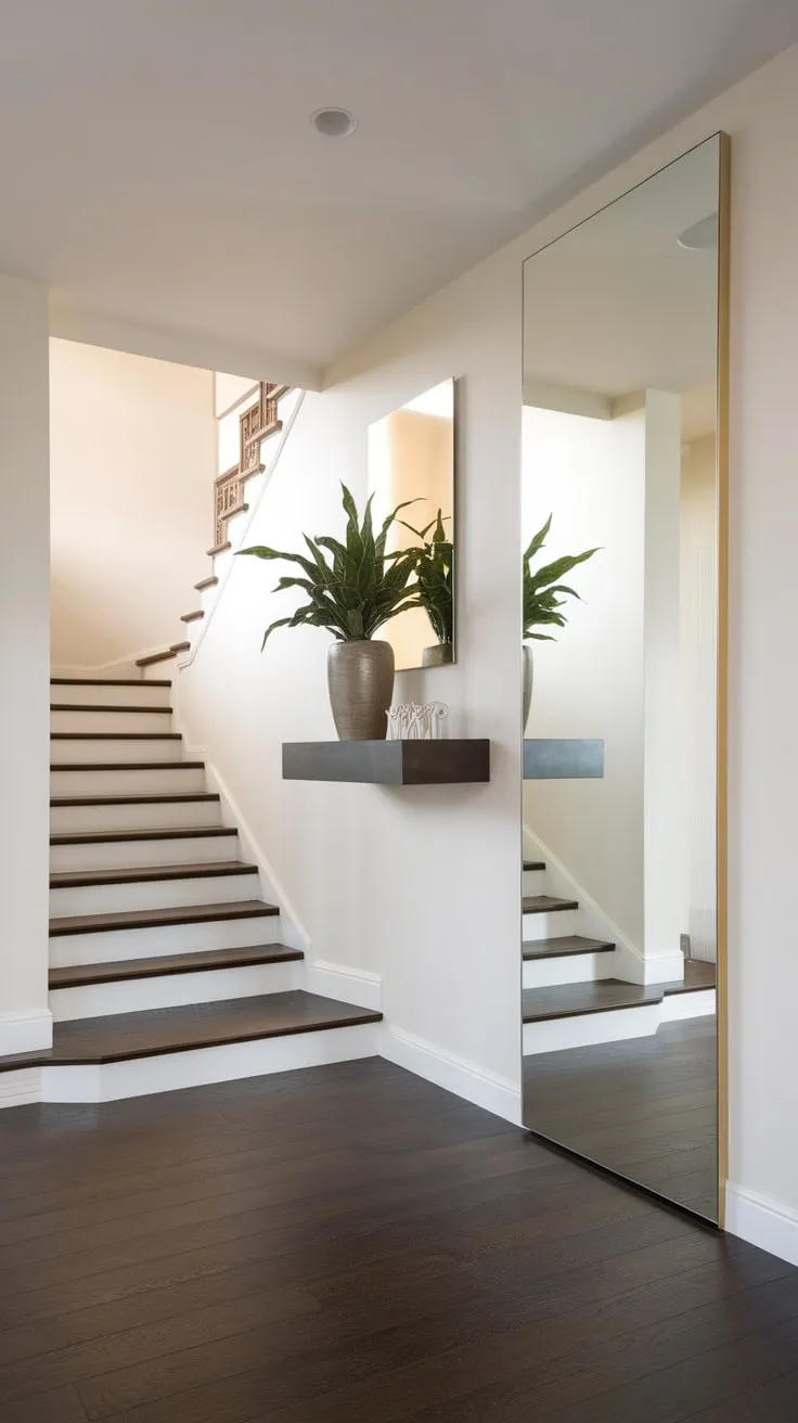 A luxurious modern entrance hall features a large mirror reflecting soft light off white walls and a dark wood floor, enhanced by a minimalist floating shelf.