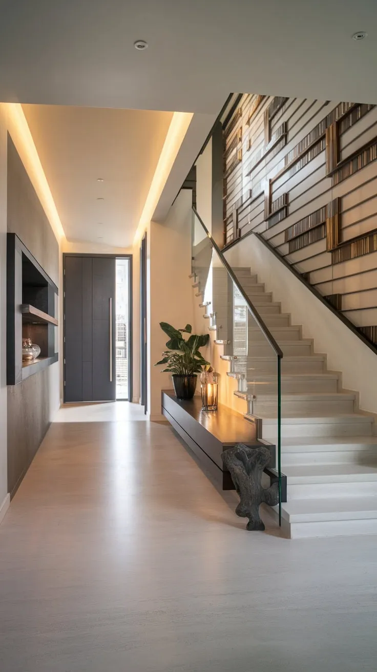 Warm lighting illuminates a sophisticated hallway featuring a minimalist design, a statement art piece, and an elegant entrance.