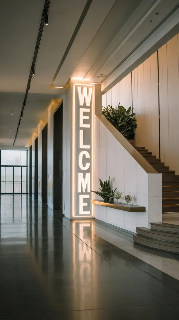 High ceilings and subtle décor create a sophisticated modern entryway.