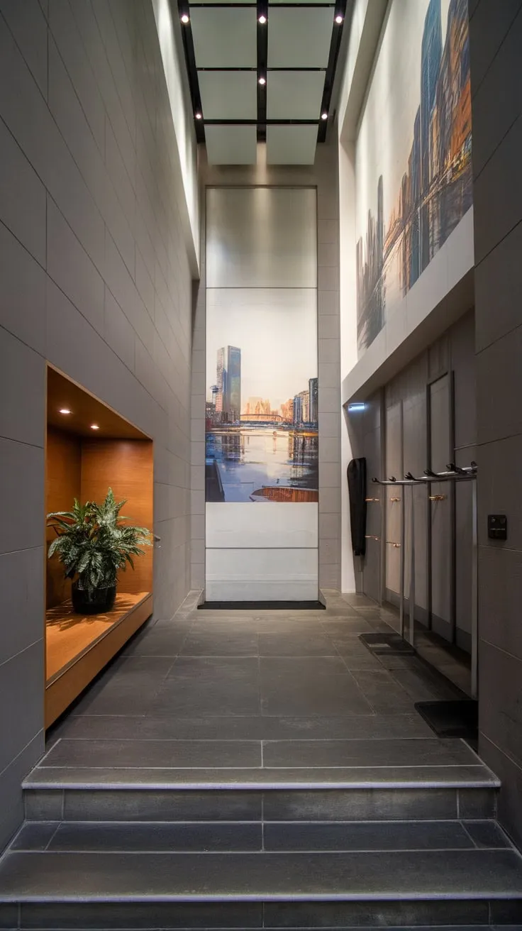 A minimalist yet luxurious modern hallway boasts dark grey tiles, a statement cityscape painting, and subtle wooden accents creating a sleek and inviting entrance.