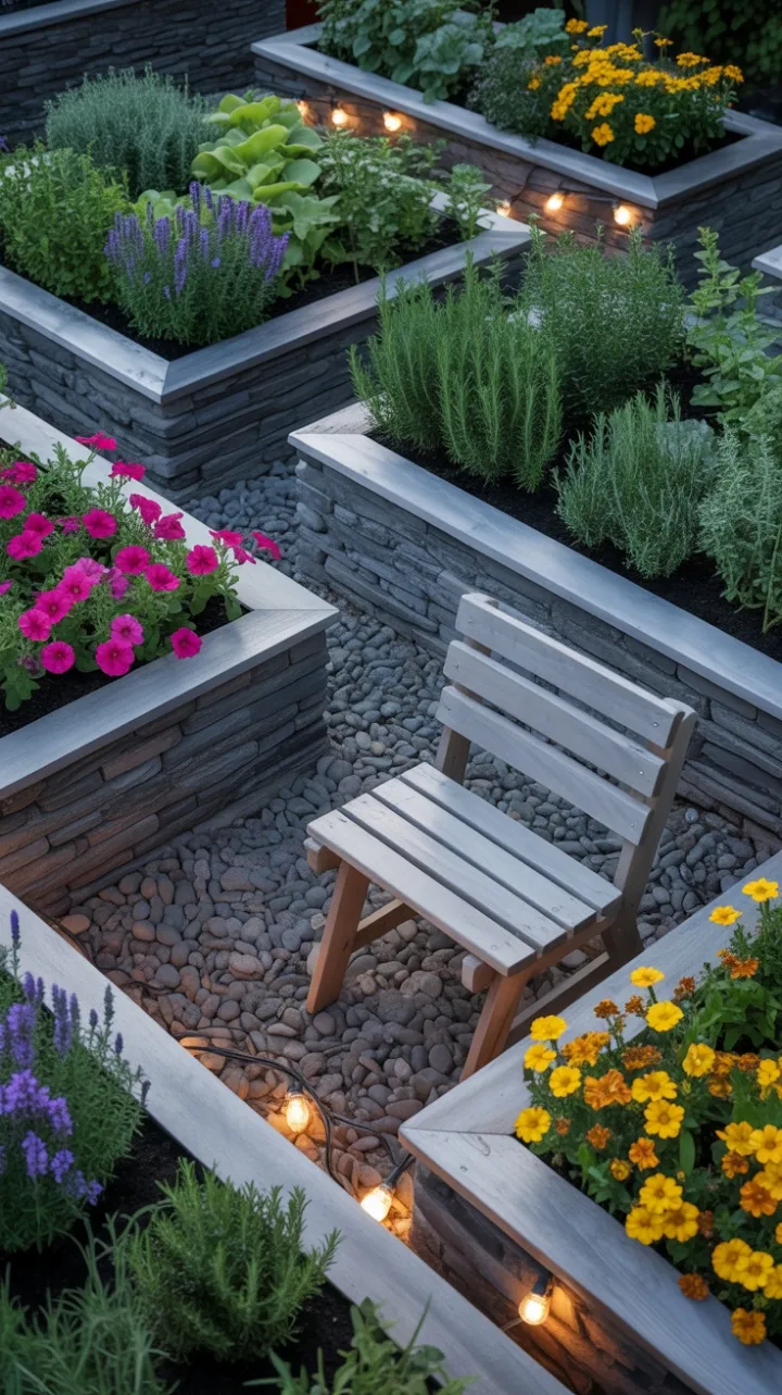 Golden-Hour Herb Garden of Lavender, Rosemary and Petunias by a Weathered Bench