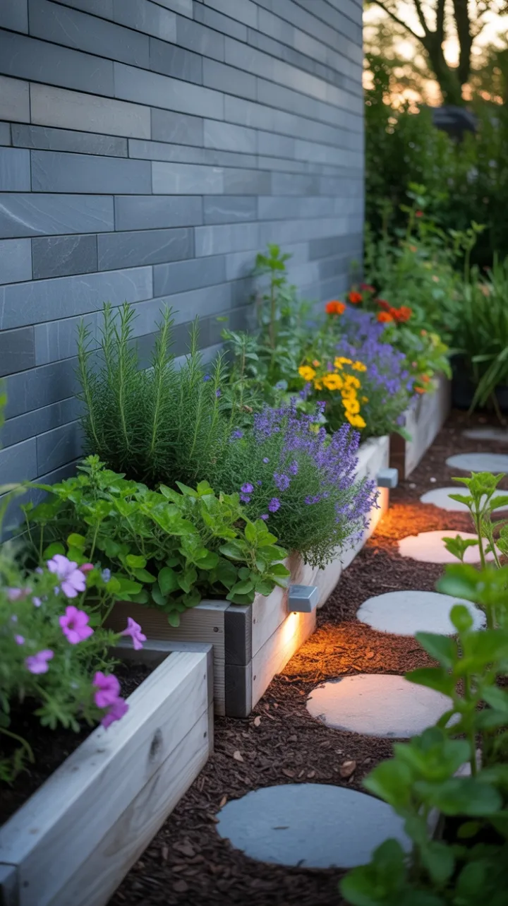Sunlit Herb Garden Retreat Against a Sleek Grey Stone Wall