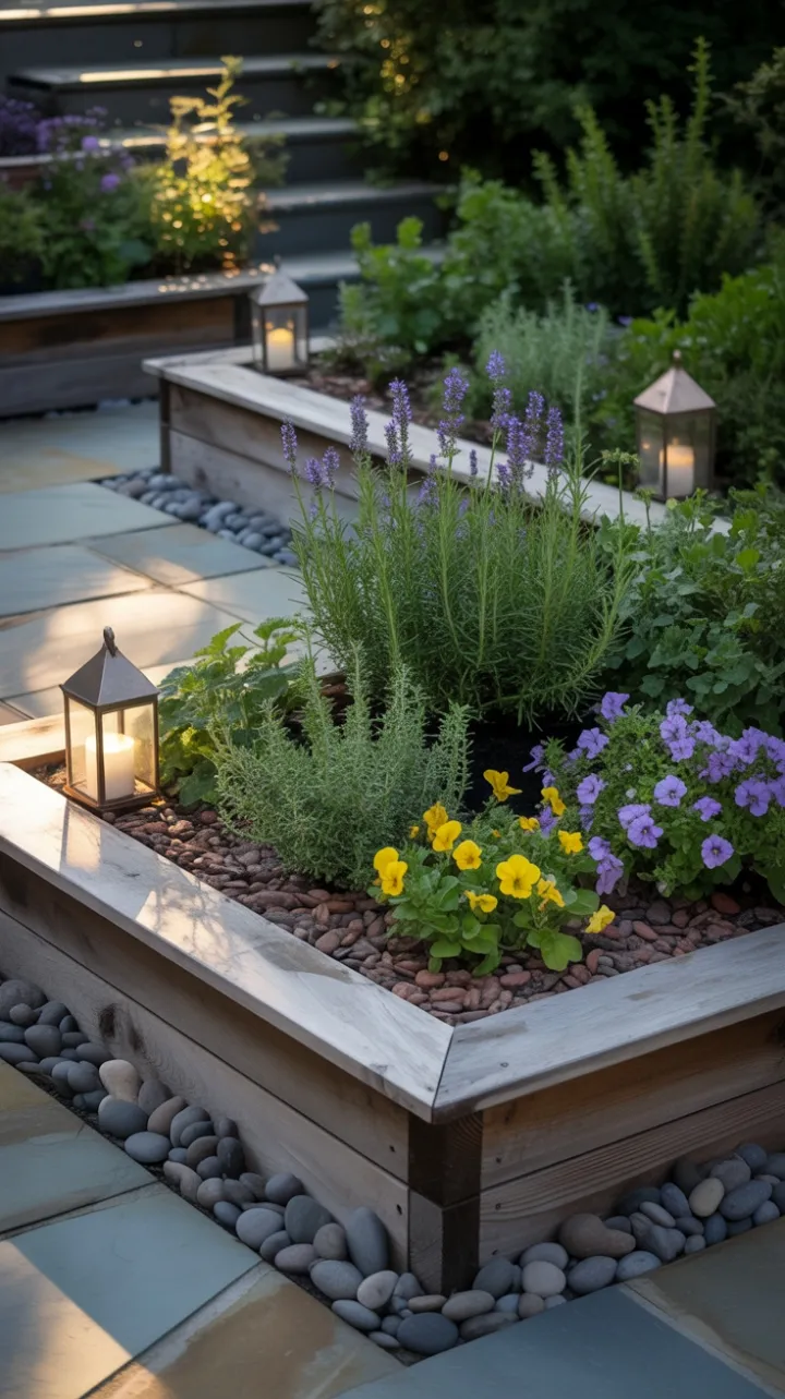 Sunlit Cedar Herb Garden with Lavender, Rosemary and Lantern Glow