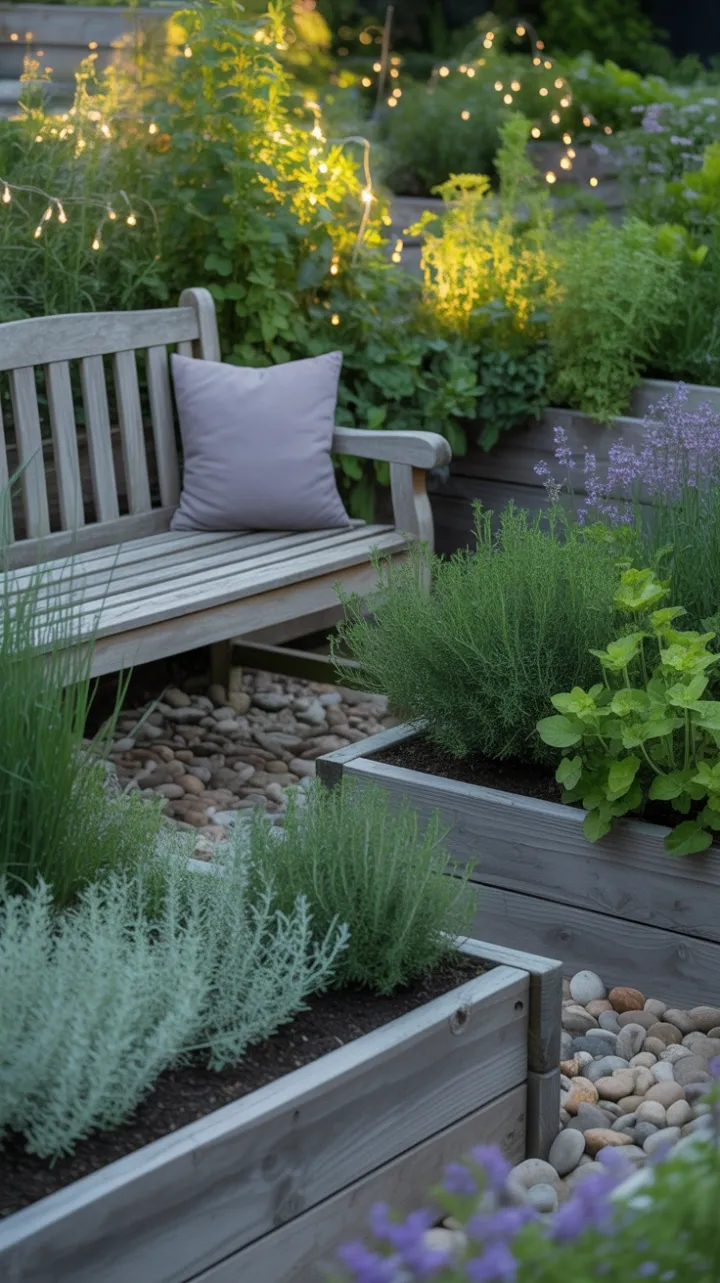 Tranquil Sunlit Herb Garden with Inviting Weathered Bench