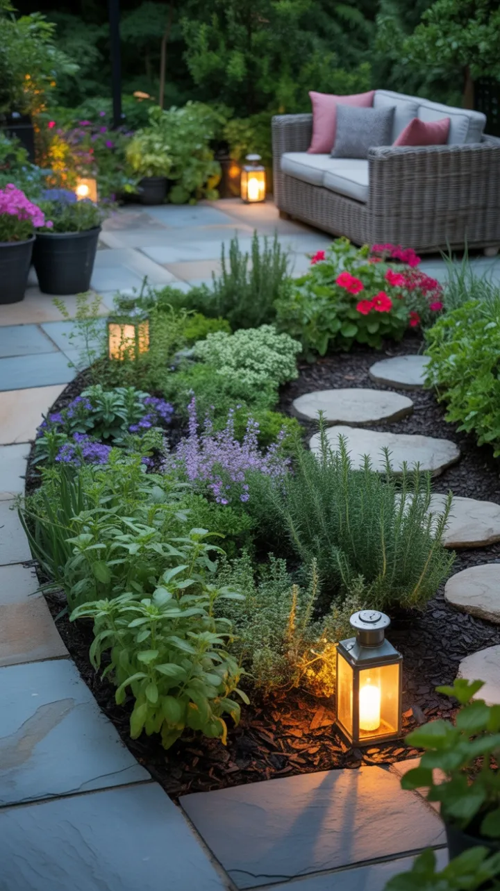 Lantern-Lit Herb Haven on a Flagstone Patio