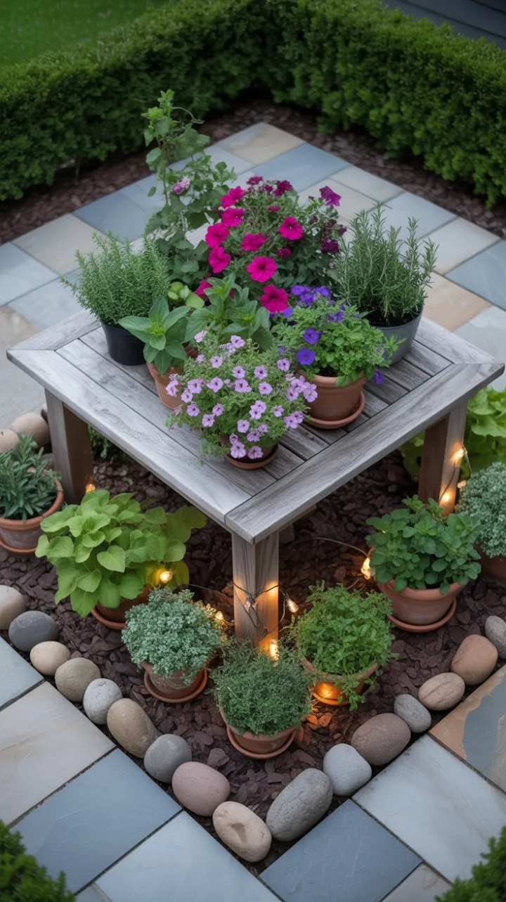Weathered Wooden Table Herb Garden with Lush Pots, Aromatic Herbs, and Warm String Lights