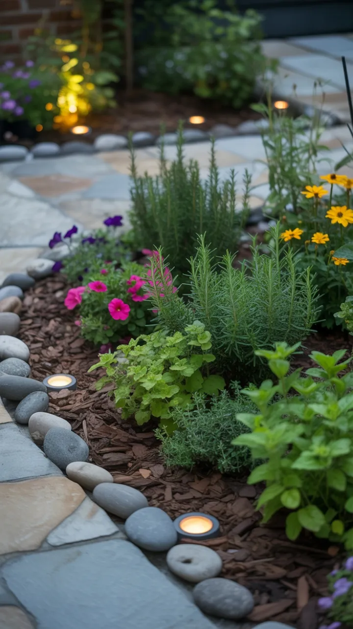Tranquil Sunlit Herb Garden on a Stone Patio with Lush Rosemary, Thyme, and Vibrant Blooms