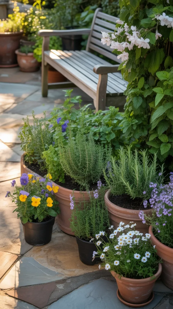 Golden-Hour Herb Sanctuary on a Stone Patio