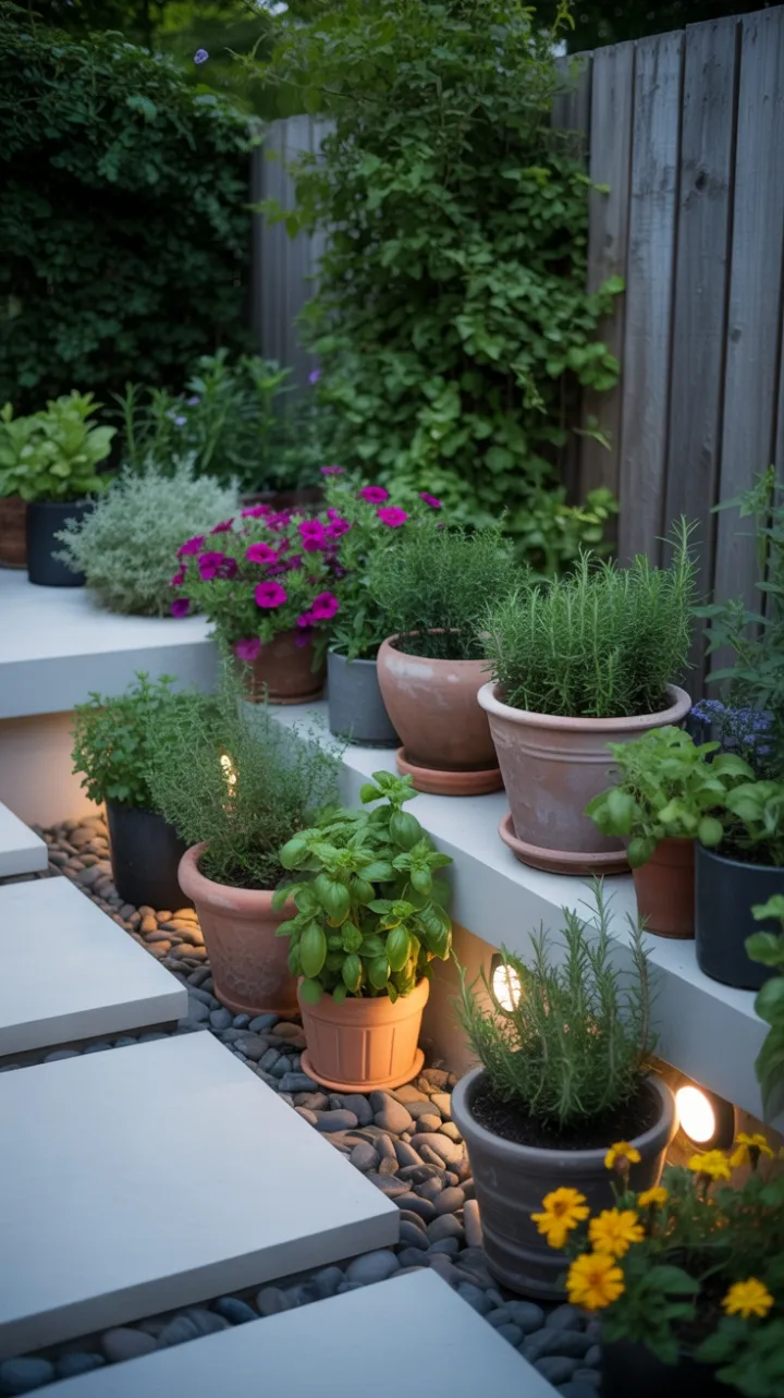 Twilight Glow Herb Garden on a Sleek Concrete Patio