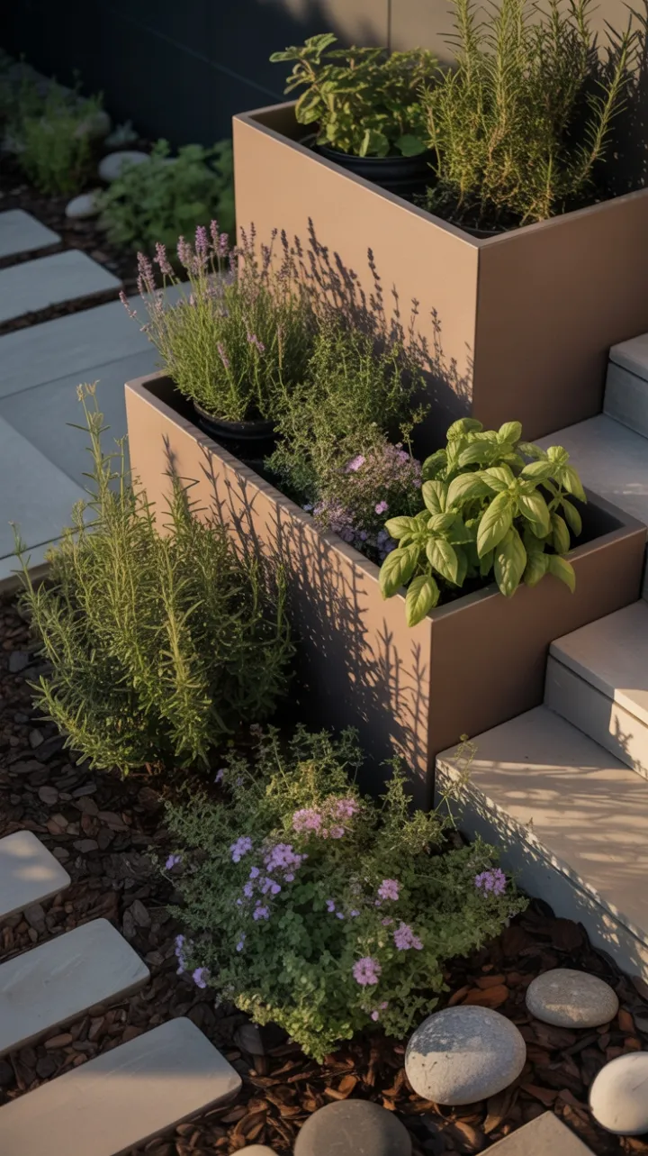 Sunlit Minimalist Herb Garden with Geometric Terracotta Planters