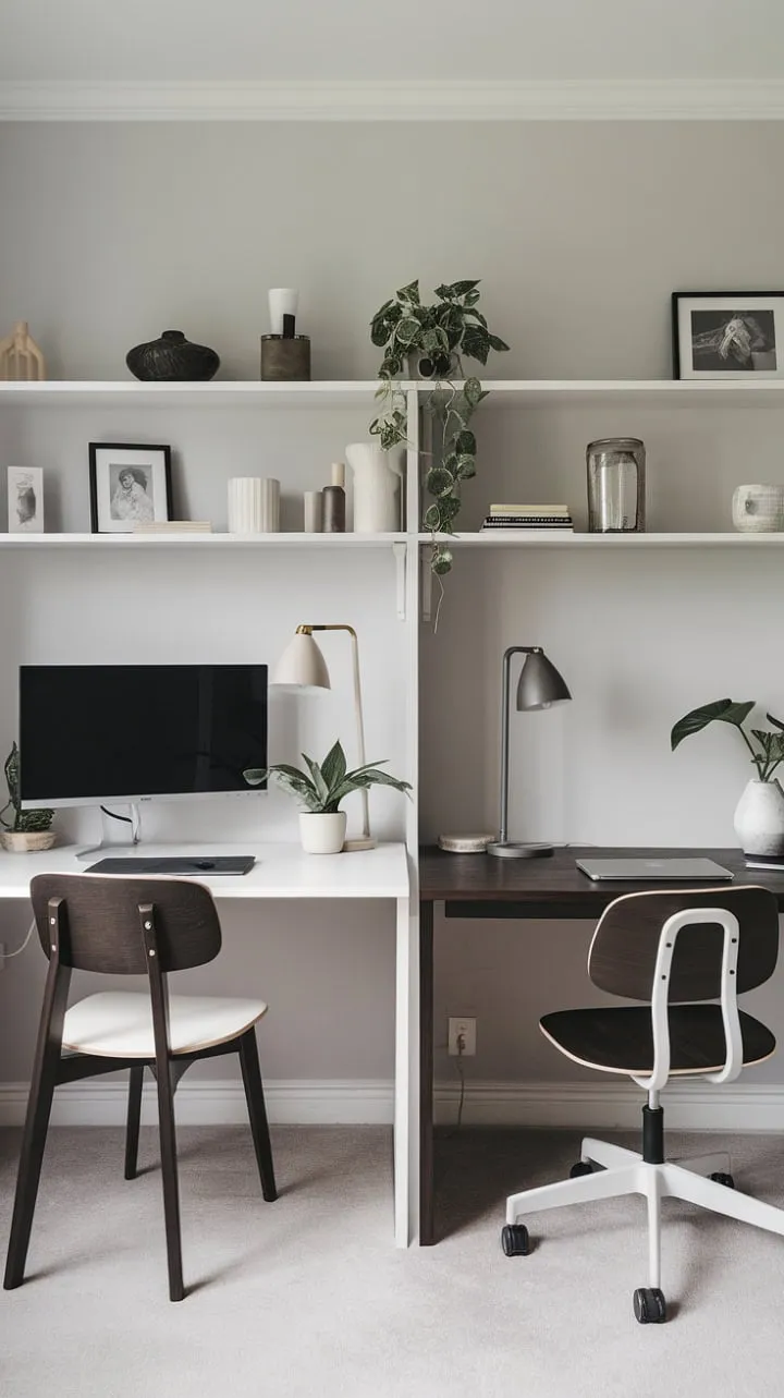 A serene minimalist sanctuary, where the interplay of white and dark wood fosters creativity against a backdrop of soft gray and personal flair.