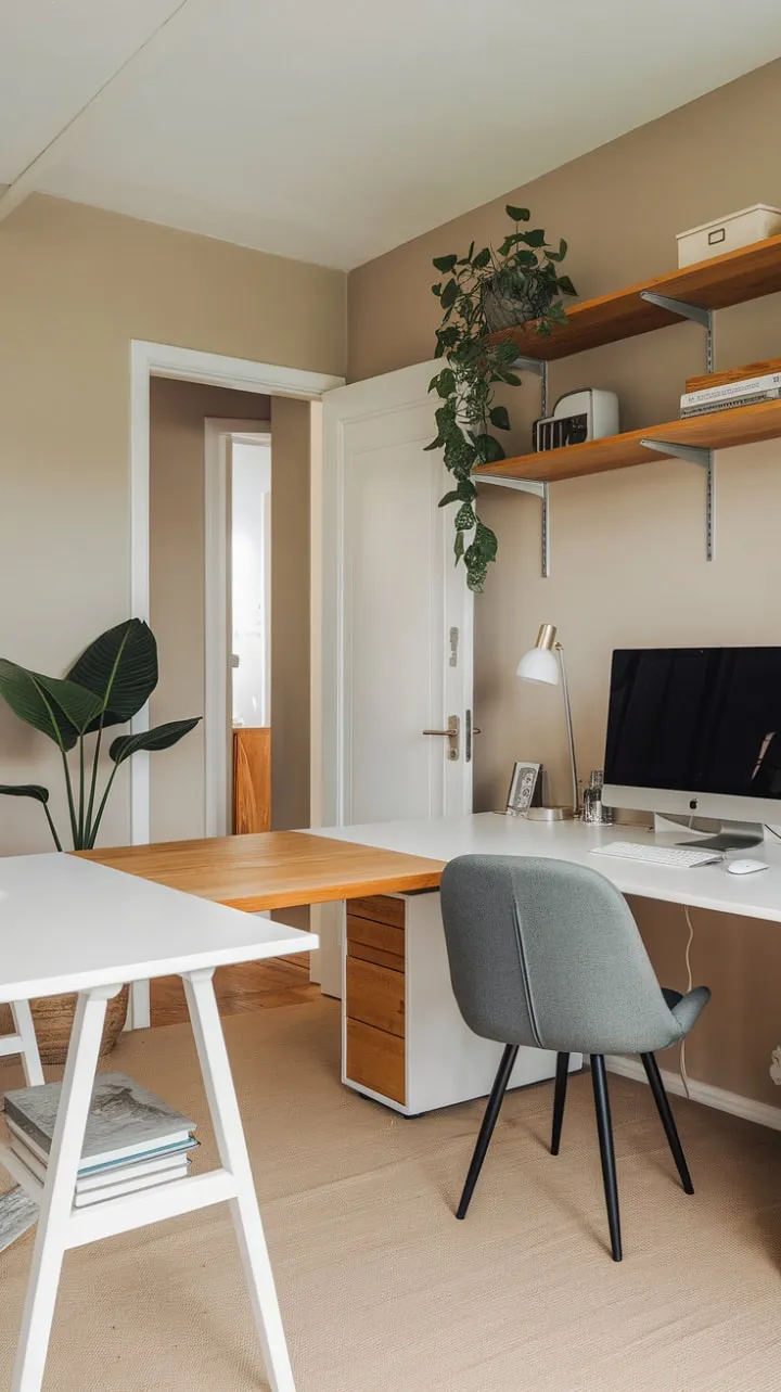 This minimalist workspace harmoniously blends white and wooden elements, fostering a serene environment that inspires creativity and enhances productivity.