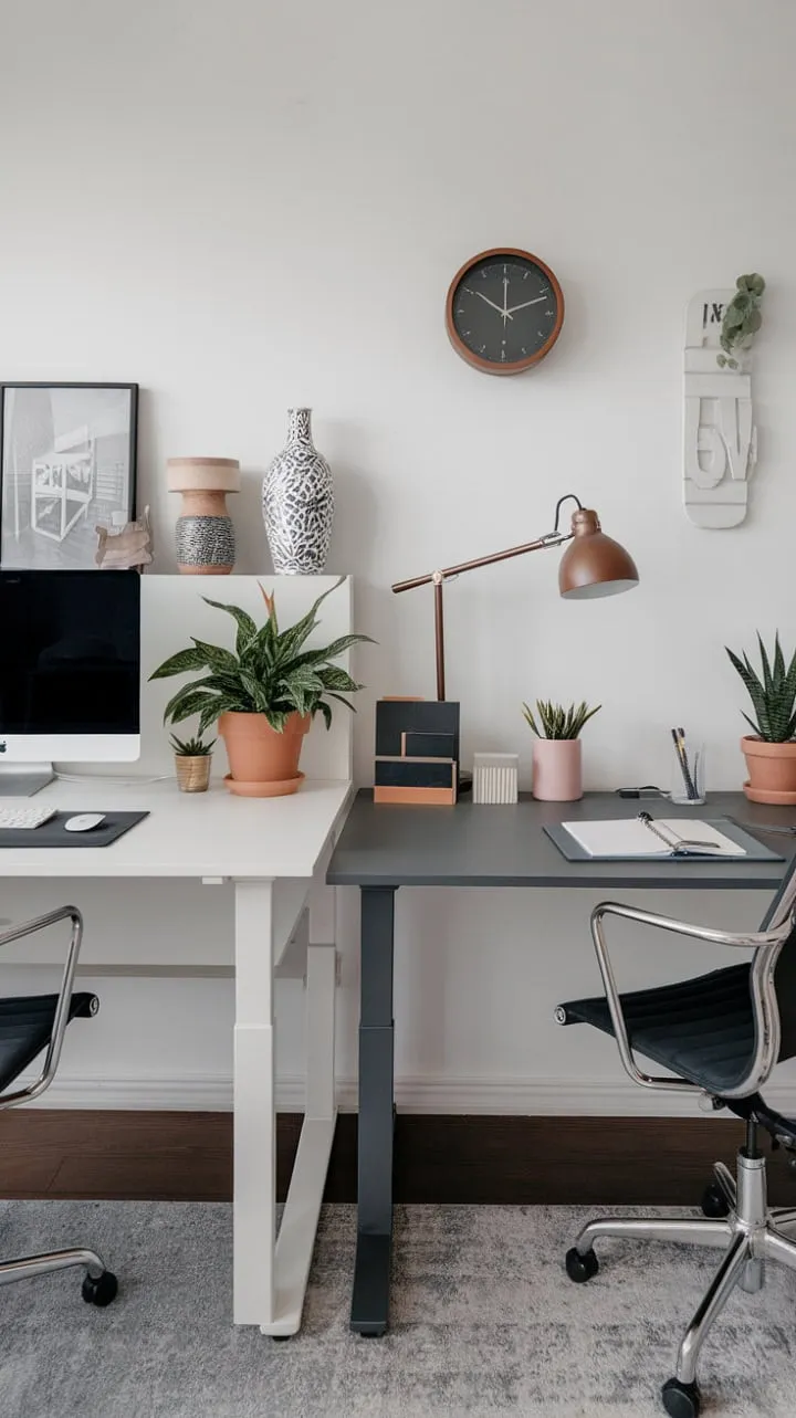 This modern home office is a minimalist sanctuary that harmoniously blends clean lines and contrasting aesthetics, fostering both creativity and concentration.