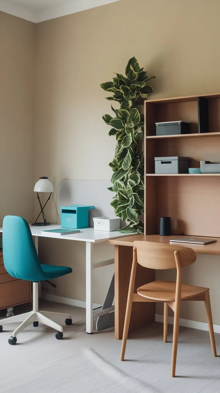 In a stylish workspace where minimalist design and functional brilliance converge, contrasting white and wood desks with teal accents inspire creativity and productivity.
