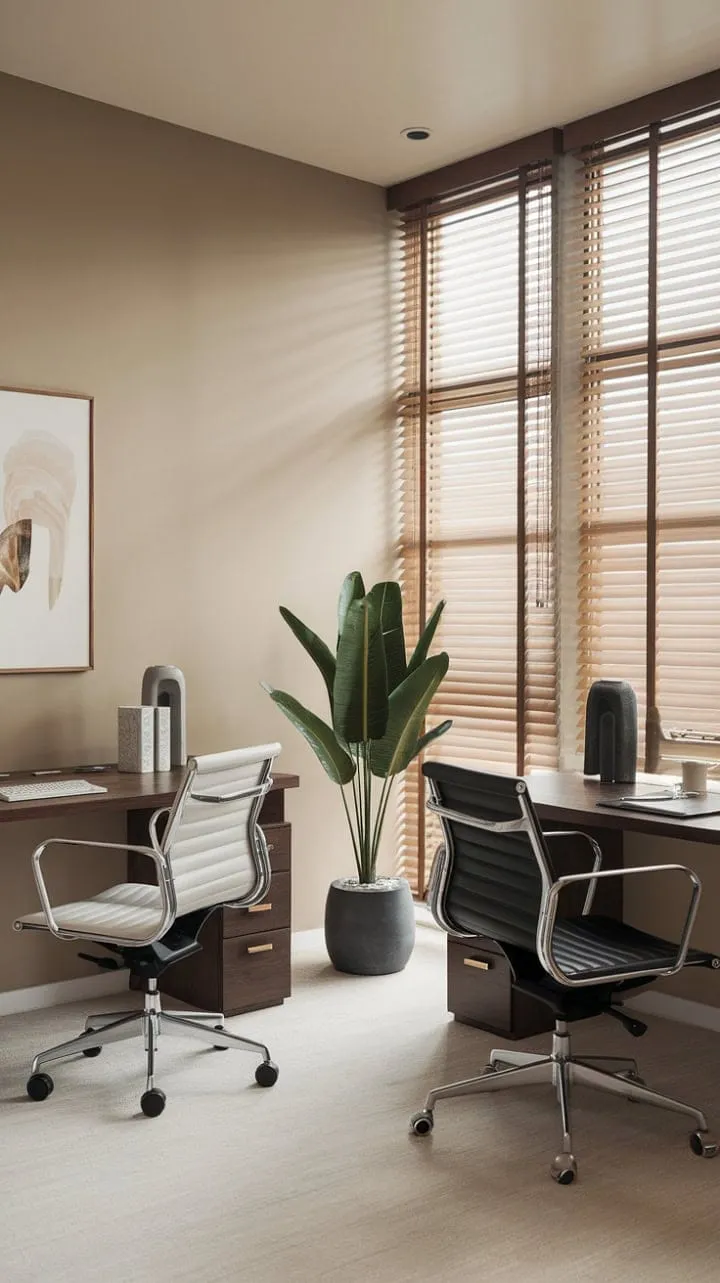 This effortlessly chic home office blends minimalist design with warmth, featuring two distinct desks, a large window, and a touch of greenery for a perfect balance of productivity and tranquility.