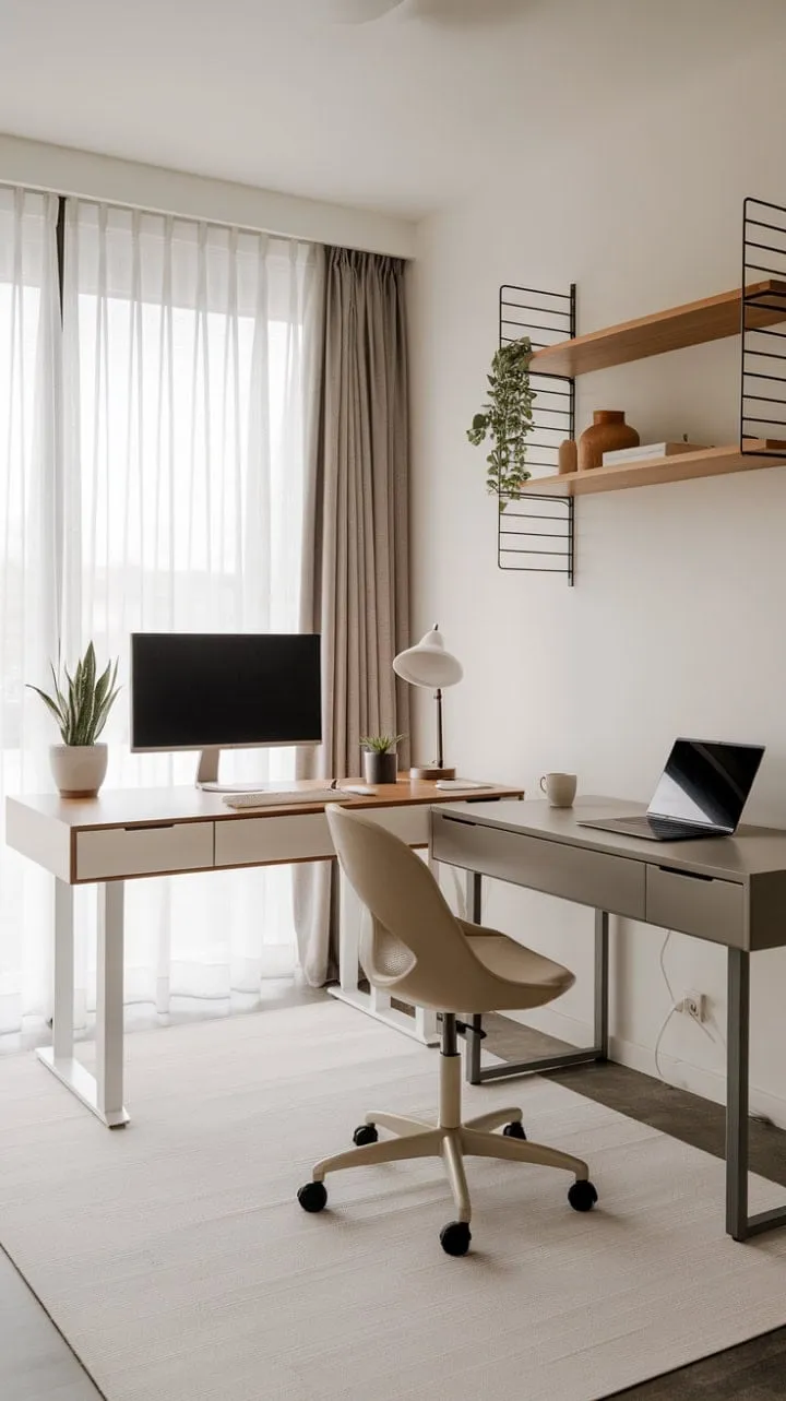 This minimalist modern home office, featuring a spacious dual desk setup in sleek white and grey, is bathed in natural light, fostering an inspiring and serene workspace.