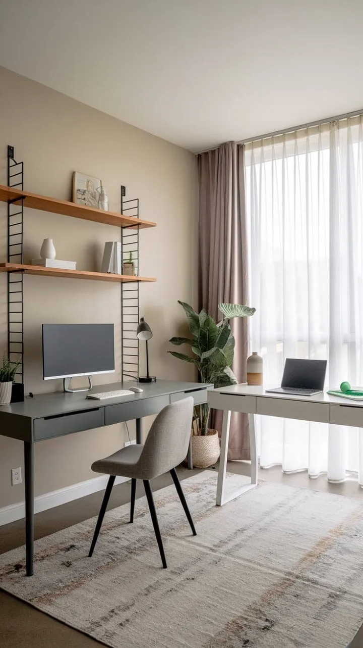 A serene minimalist workspace with a dual desk setup and abundant natural light fosters creativity and productivity in perfect harmony.