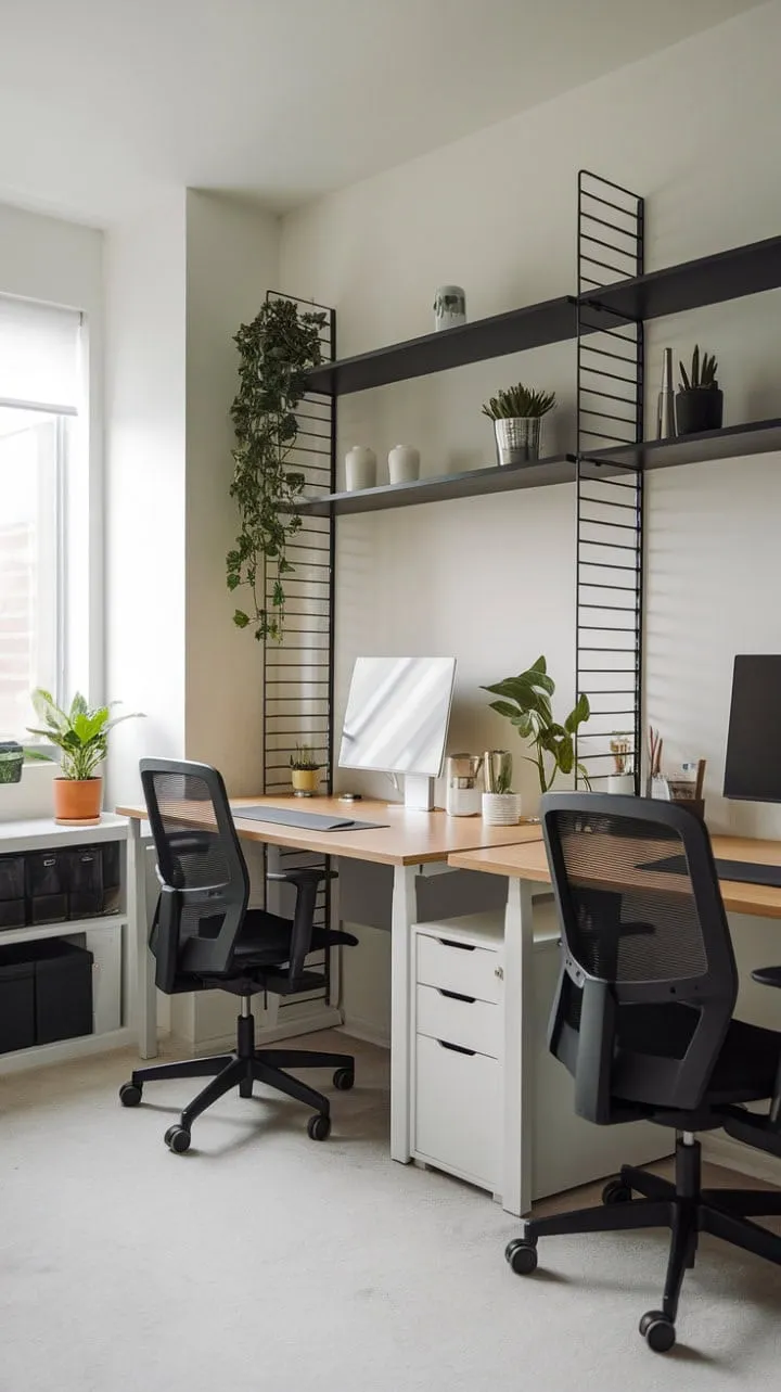 This minimalist home office harmoniously combines clean lines and functional design with natural elements, creating an inspiring space that balances style and productivity.