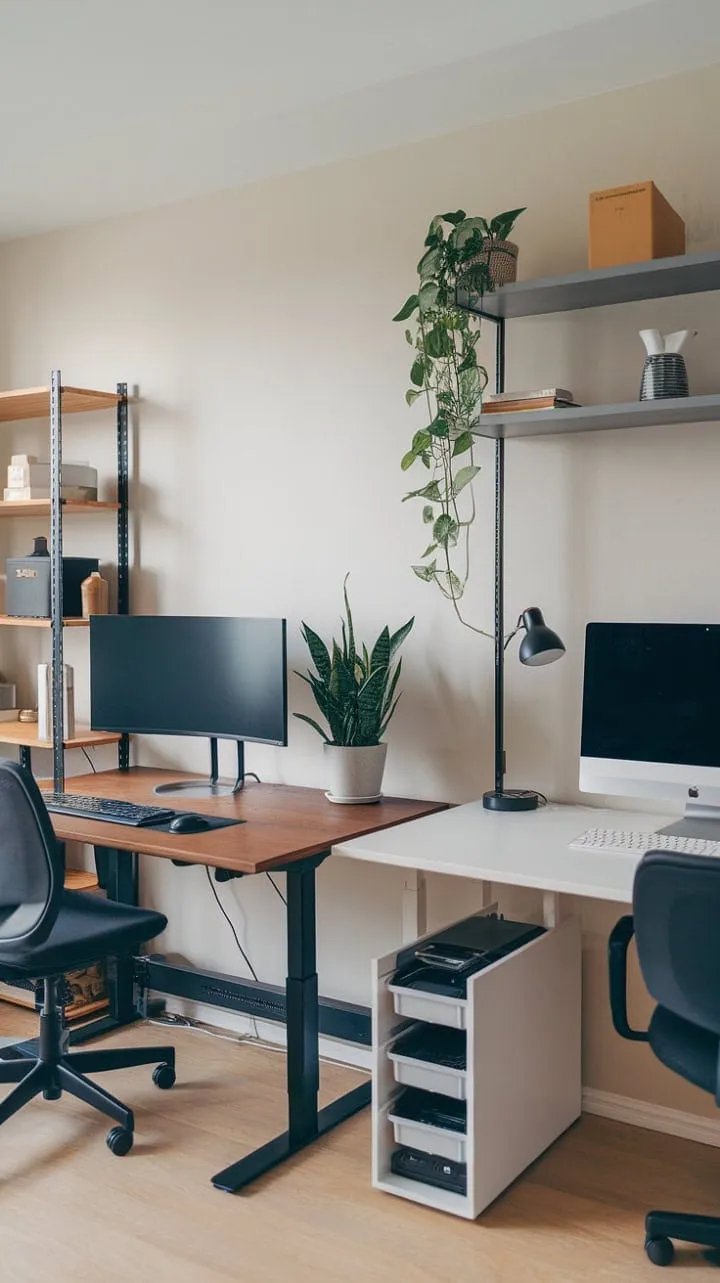 This modern home office blends clean lines and a soothing ambiance with striking desk designs, achieving an ideal harmony of aesthetic appeal and practical utility.