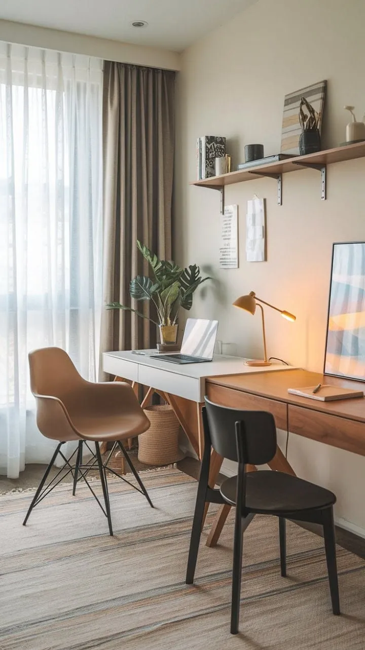 This stylish home office harmoniously combines practicality and aesthetics, featuring a dual desk setup that fosters both productivity and creativity in a serene color palette.