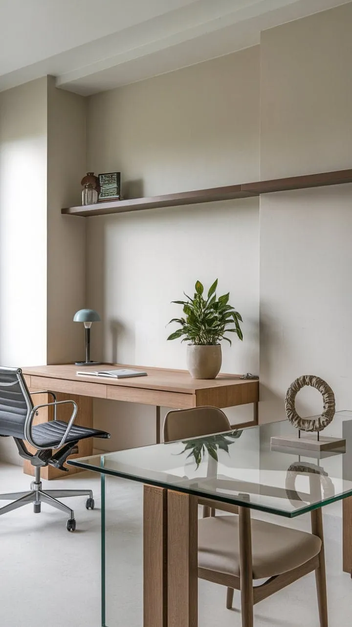 This minimalist workspace harmoniously combines warm wood and sleek glass to create an inspiring and functional haven for productivity.