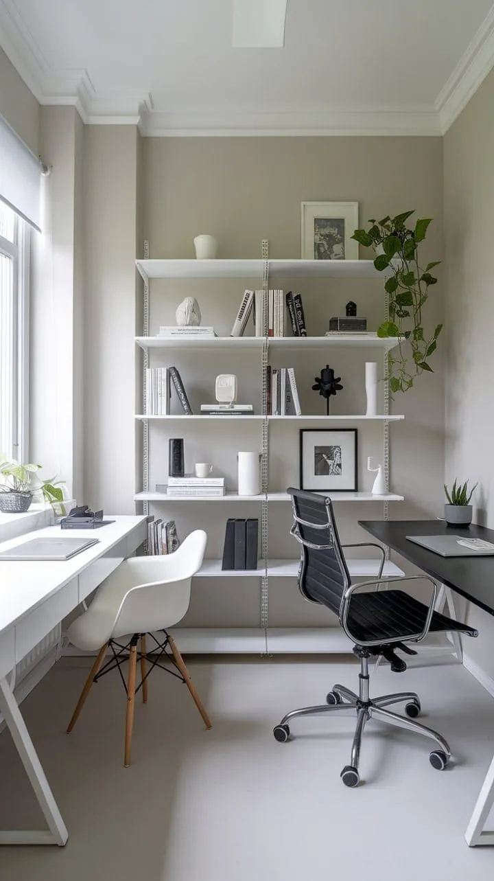 In a striking blend of black and white, this harmonious home office masterfully balances style and functionality, fostering an ideal atmosphere for productivity and creativity.