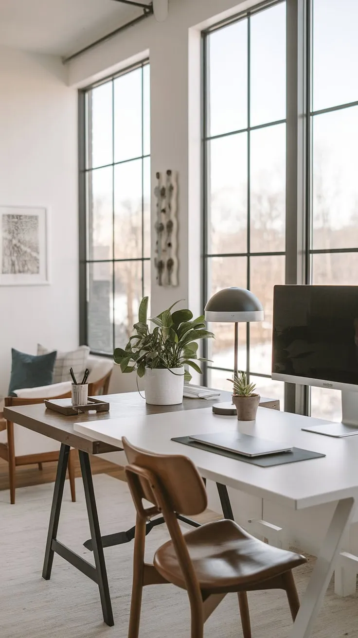 Where minimalist design meets maximum productivity. This dual desk setup, featuring both a crisp white workspace and a warm wooden counterpart, provides the perfect balance for focused work and creative inspiration. The abundance of natural light streaming through the large windows enhances the calming atmosphere, creating an ideal environment for achieving a flow state.