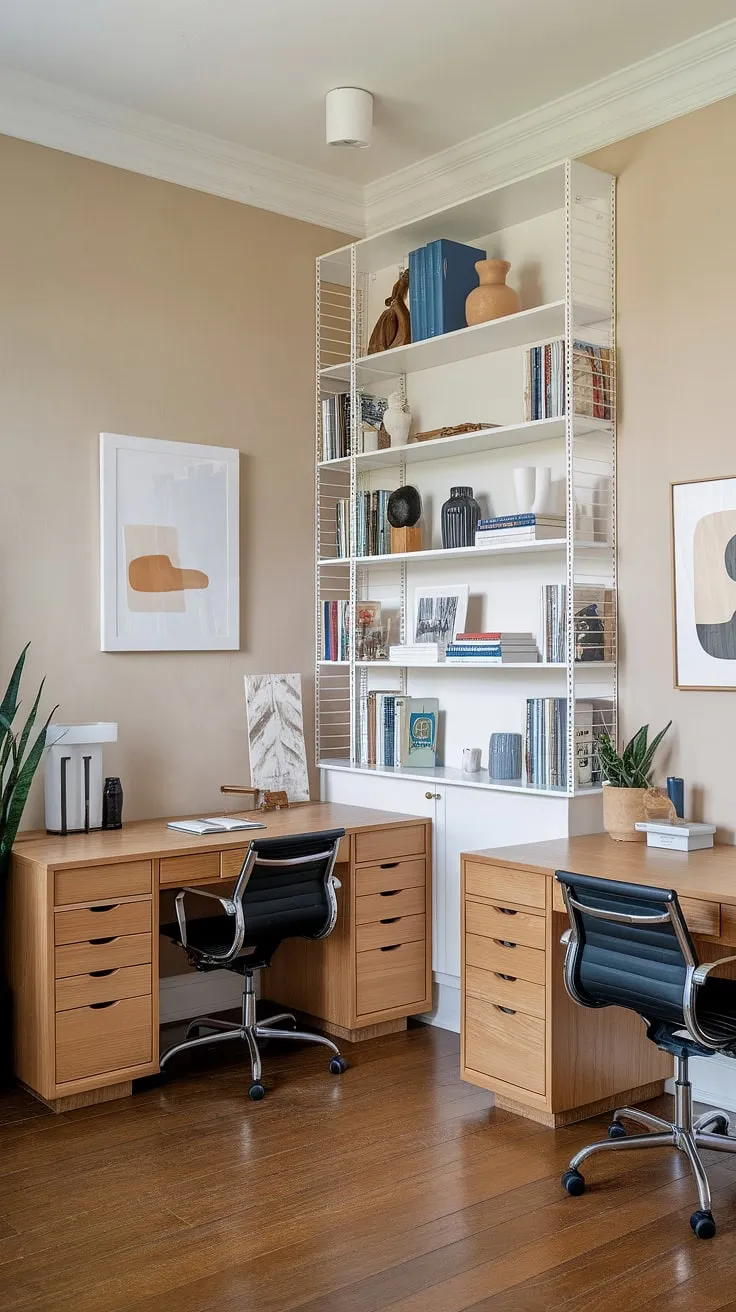 This thoughtfully designed home office seamlessly blends functionality and aesthetics. The minimalist approach, featuring natural wood and a neutral color palette, creates a serene atmosphere conducive to concentration. Two dedicated workspaces allow for individual focus or collaborative efforts, while the carefully chosen artwork and greenery add personality and warmth.