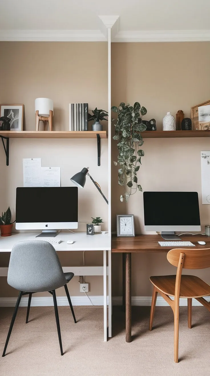 Where minimalist design meets ultimate productivity. This dual-desk setup, featuring a sleek white workstation and a warm wooden counterpart, provides the perfect balance of a aesthetics and functionality, ensuring a comfortable and inspiring work environment.