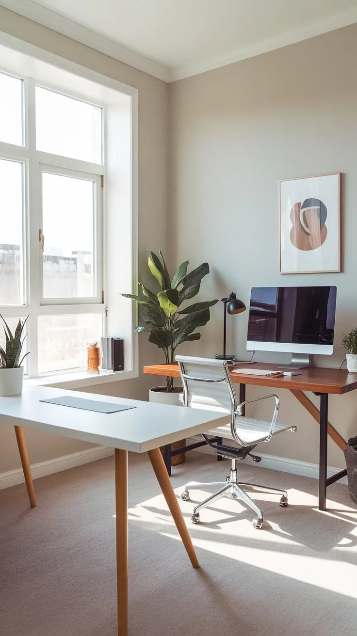 Sunlight streams into this minimalist home office, illuminating the dual desk setup – a perfect blend of functionality and style. The clean lines and natural elements create a serene workspace, ideal for focused productivity and creative inspiration. A calming sanctuary for work and reflection.