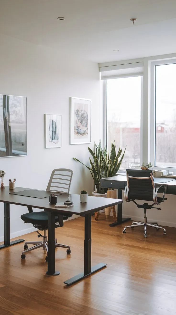 A minimalist haven designed for productivity. The dual desk setup, bathed in natural light from the window, offers the perfect workspace for focused work or collaborative projects. A touch of greenery adds a calming element to this efficient and stylish home office.