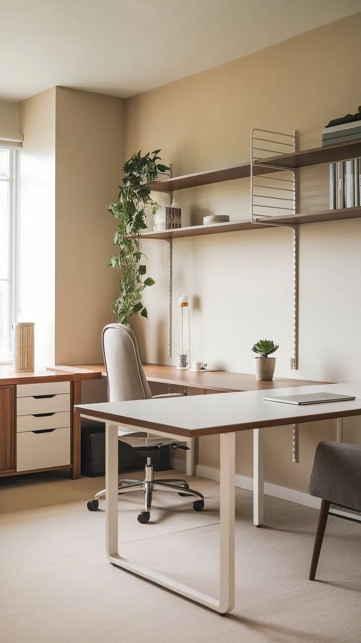 Sunlight streams into this minimalist home office, illuminating the clean lines of the dual desk setup. A perfect blend of functionality and style, it's a workspace designed for both focus and inspiration. The addition of greenery adds a touch of life to the calming aesthetic.