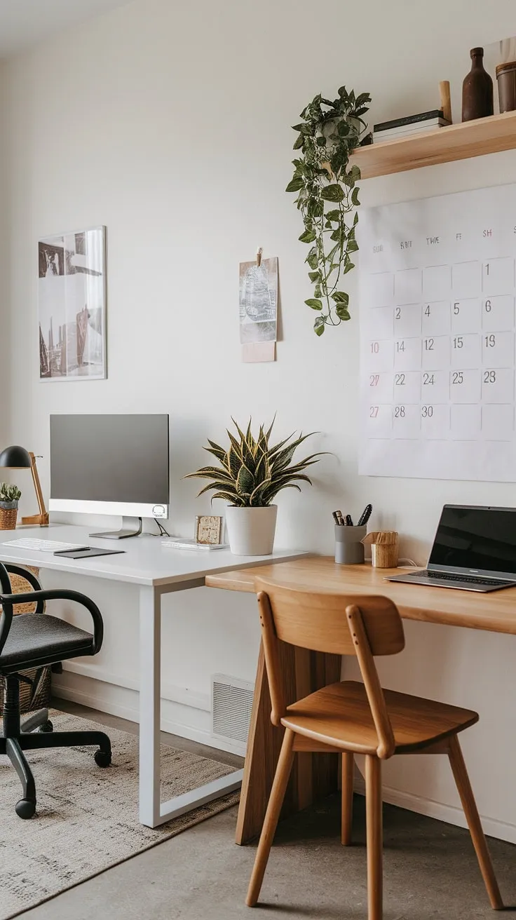 This minimalist home office seamlessly blends functionality and style. The dual desk setup, featuring both a crisp white and warm wood surface, provides ample workspace for focused productivity. A thoughtfully curated collection of plants and personal touches adds warmth and personality to the space. The result? A calming and inspiring environment perfect for tackling any project.