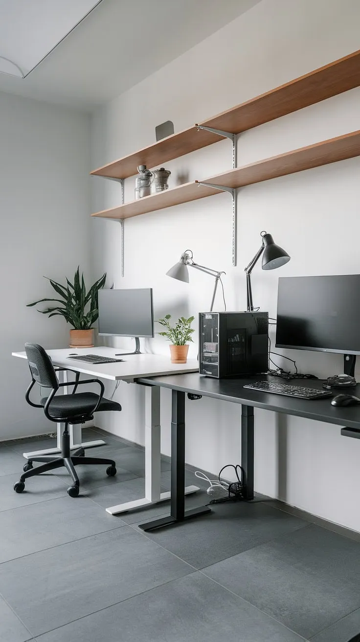 Clean lines and contrasting styles create the perfect workspace. This minimalist home office, featuring a dual desk setup with sleek white and black accents, provides ample space for both work and inspiration. The addition of a wooden shelf and potted plant adds a touch of warmth to the otherwise modern aesthetic. A truly functional and stylish sanctuary for productivity.
