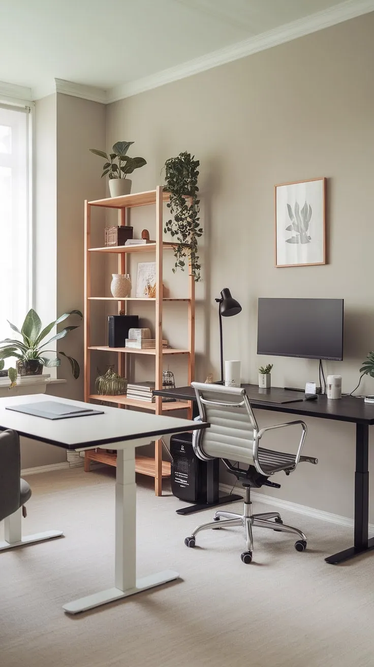 Effortless style meets ultimate productivity in this minimalist home office. The contrasting black and white desks create a dynamic workspace, perfectly complemented by the comfortable chair and calming grey walls. A touch of nature with the plants adds a sense of serenity to this functional and aesthetically pleasing space.