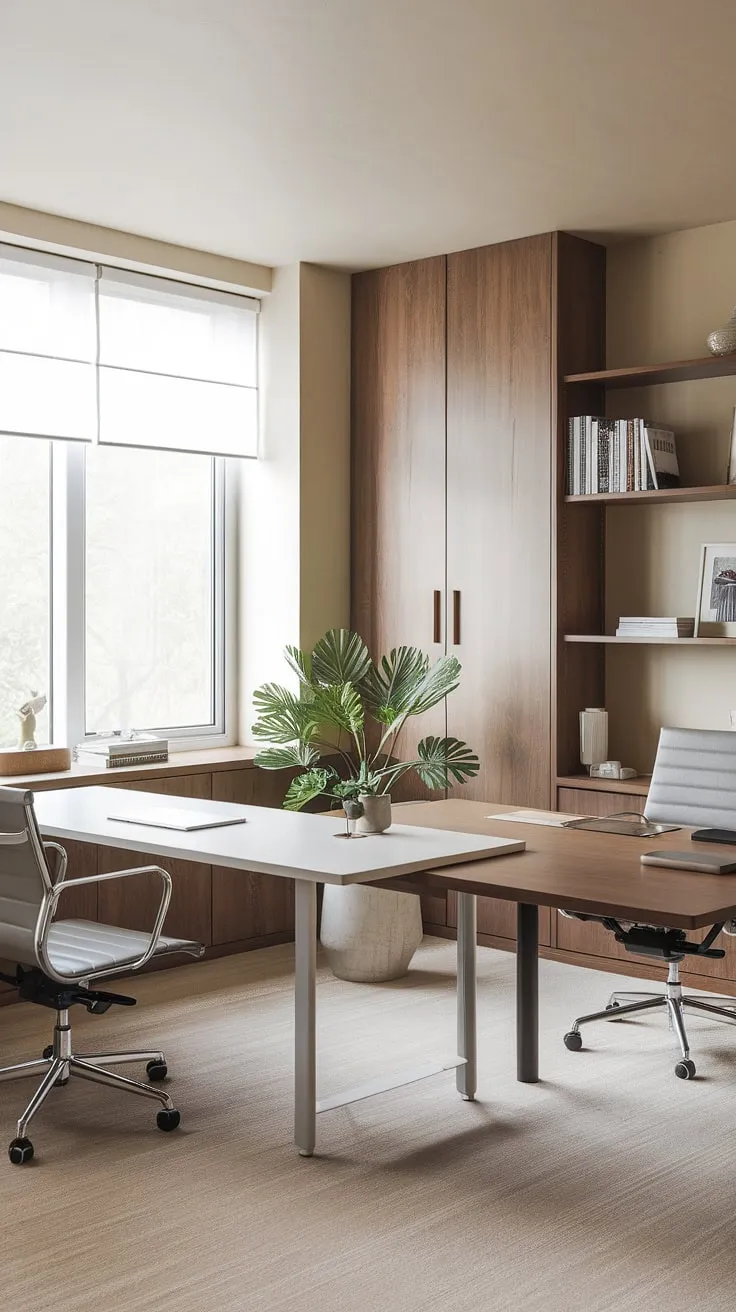 Sunlight streams into this minimalist home office, illuminating the dual desk setup – a perfect blend of functionality and style. The contrasting white and wood desks, complemented by a verdant plant and warm beige walls, create a serene and productive workspace. A nearby wooden cabinet and bookshelf add to the sophisticated ambiance. This is where work feels less like work and more like a sanctuary.